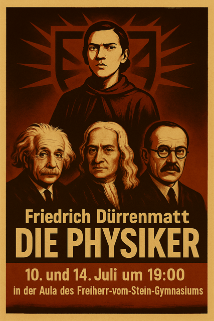 Plakat zur Aufführung von Dürrenmatts "Die Physiker" am 10. und 14. Juli um 10.00 Uhr in der Aula des Freiherr-vom-Stein-Gymnasiums