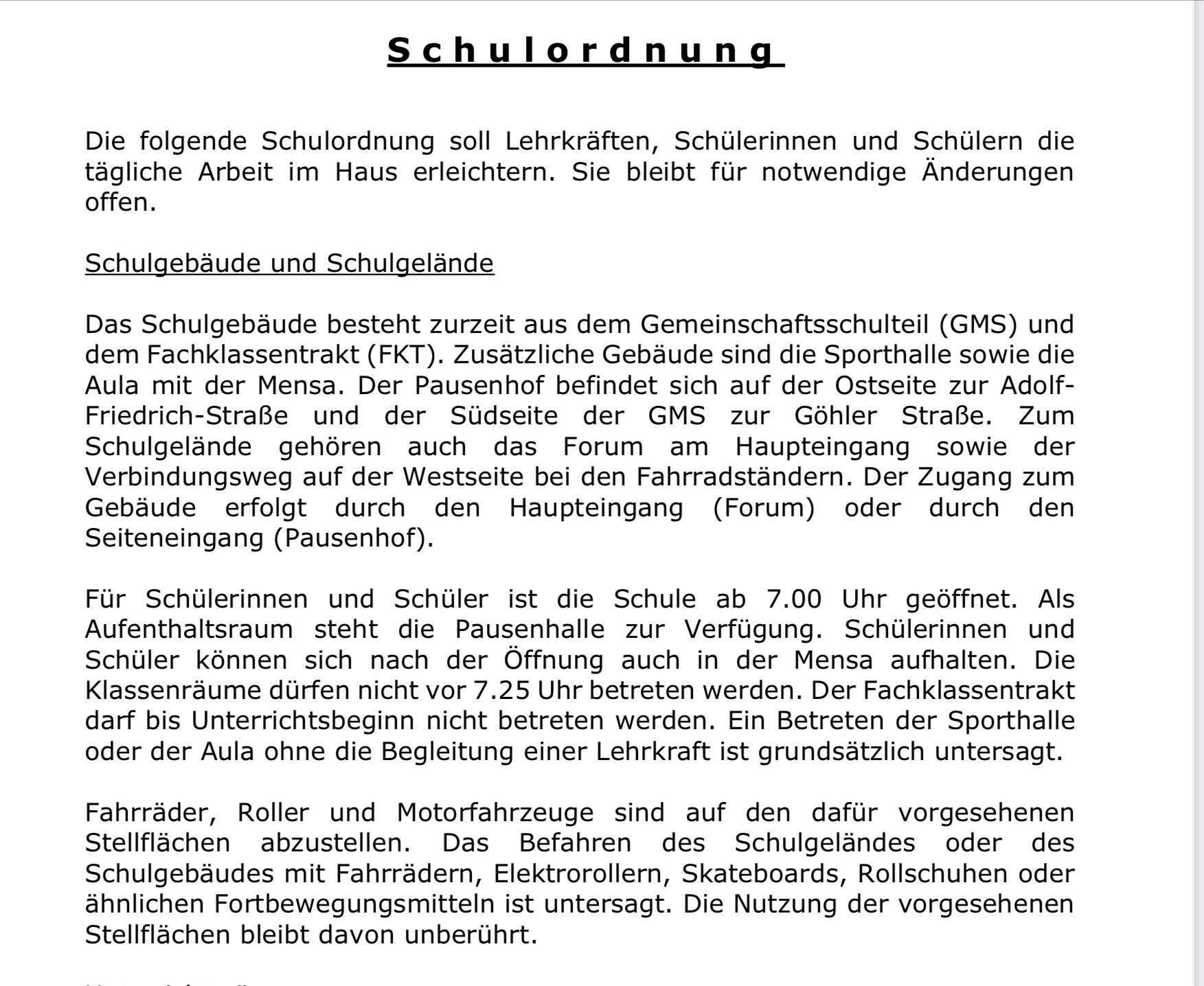 Erste Seite der Schulordnung; Downloadlink darunter