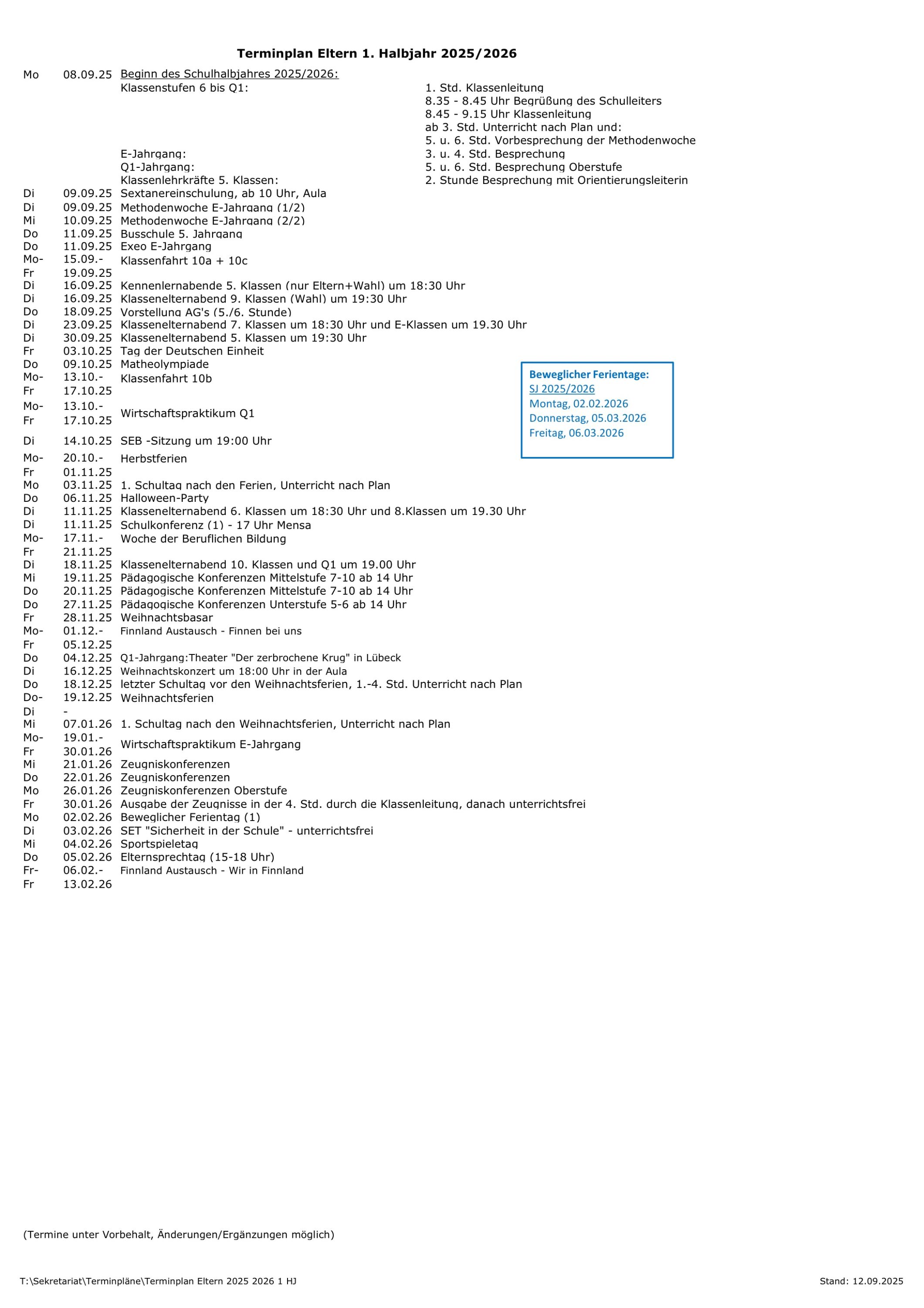 Terminplan zur Ansicht