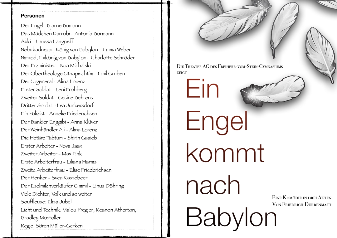 Vorder- und Rückseite der Broschüre "Ein Engel kommt nach Babylon". Links die Liste der Schauspielerinnen und Schauspiele, rechts das Titelblatt mit herabfallenden Federn.