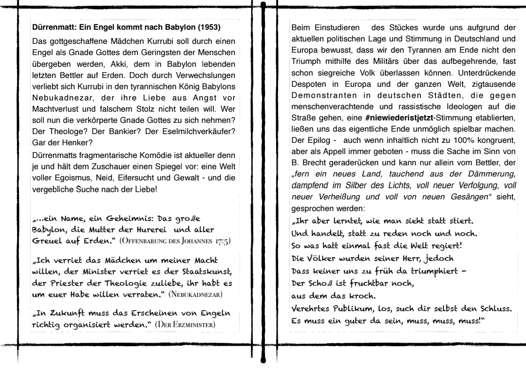 Mittelteil der Broschüre mit Angaben zum Inhalt und Thema des Stücks.
